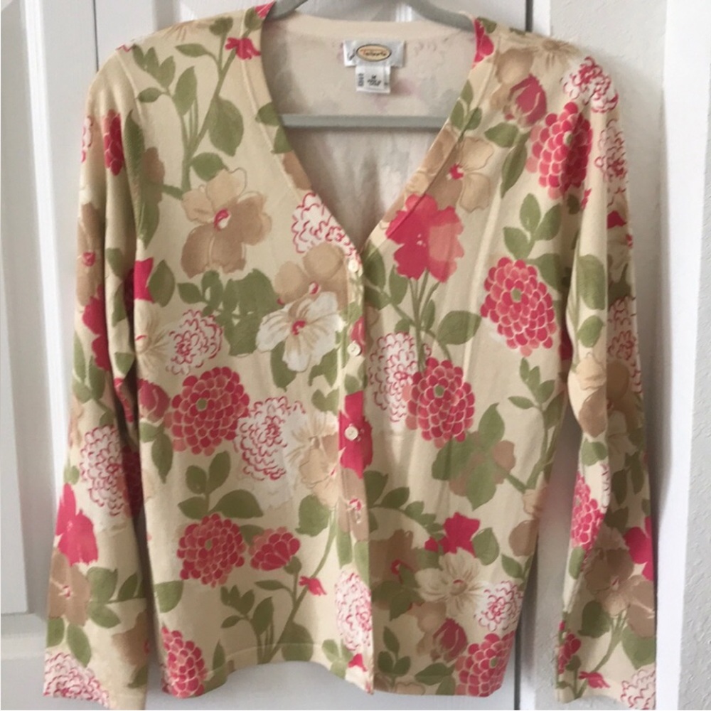 Silk Cardigan Floral Talbots Neutrals Pinks M